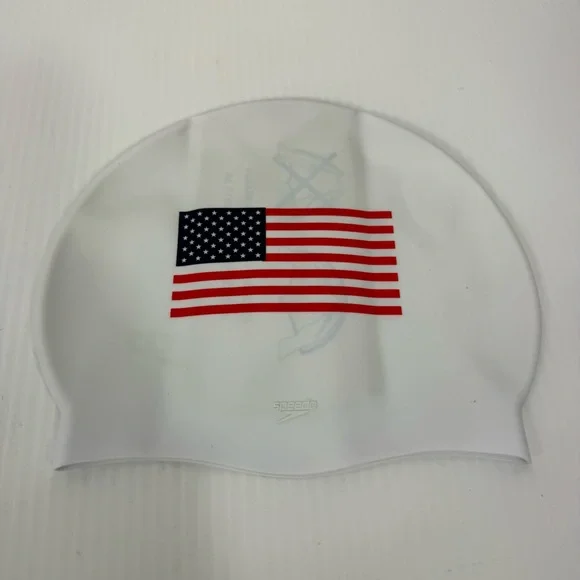 NWT Speedo Unisex Soft Silicone American Flag White Adult Swim Cap Latex Free - Picture 10 of 11